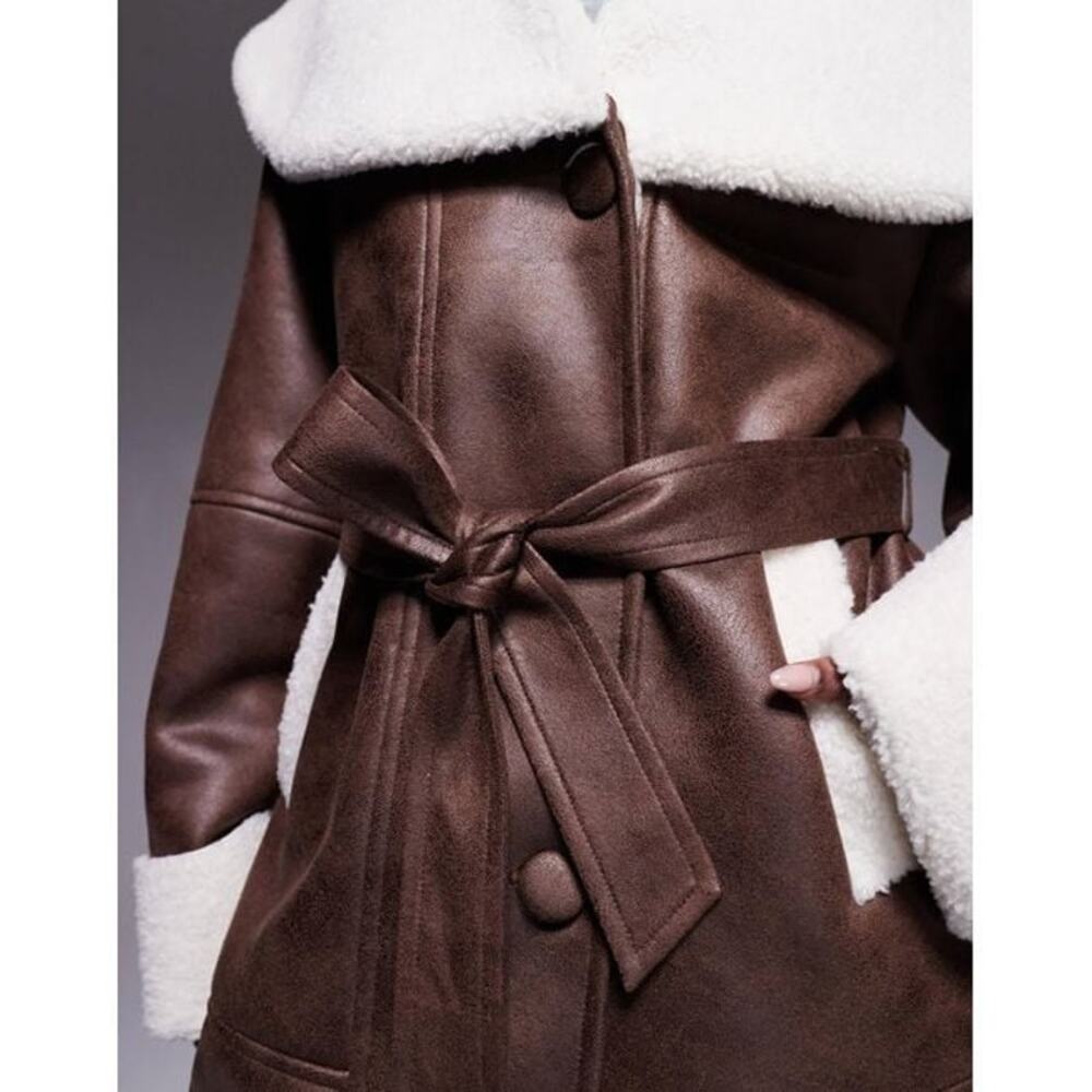 NWOT The Frolic Faux Shearling and Cream Belted Coat in Brown S155 - Picture 4 of 4
